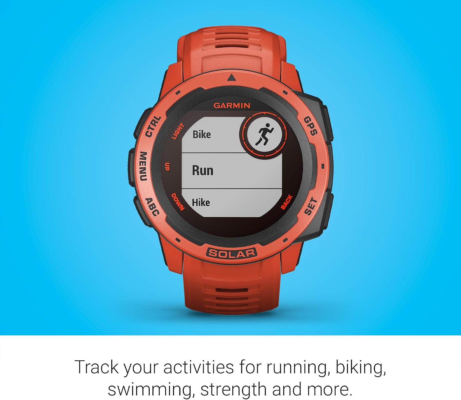 Garmin Instinct Solar, Solar-Powered Rugged Outdoor Smartwatch, Built-in Sports Apps and Health Monitoring, Flame Red
