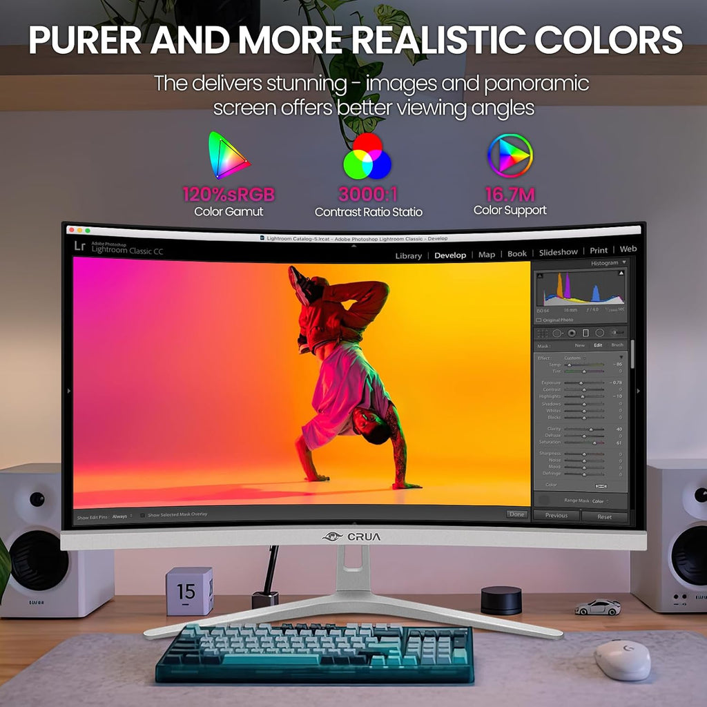 CRUA 27' Curved White Monitor, Full HD(1920x1080P) VA Panel 1800R 100HZ 120% sRGB Professional Computer Monitors, 3Sides Frameless, Flicker-Less,Blue Light Filter, for Office & Gaming (VGA, HDMI)