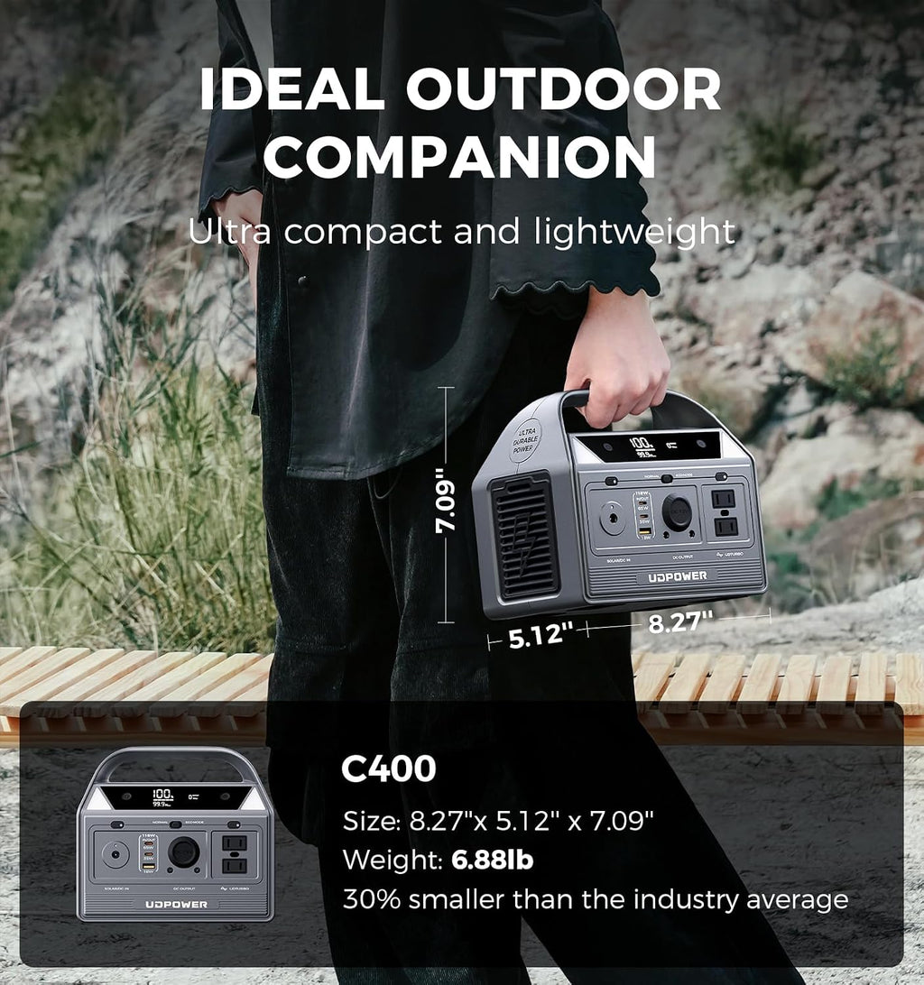 UDPOWER C400 256Wh Portable Power Station | 400W (800W Surge) Pure Sine Wave AC Outlet + PD3.0 USB-C | Solar Generator for Camping, Emergencies, CPAP
