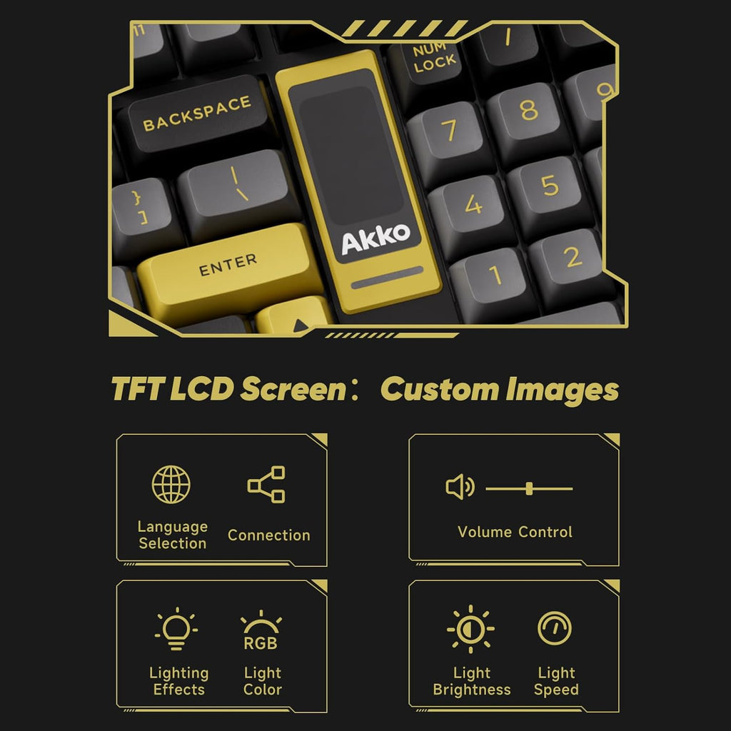 Akko 5098B Wireless Gaming Keyboard with Screen, Black & Gold Hot-Swappable Mechanical Keyboard with Scroll Wheel Numberpad, RGB Gasket, Piano Pre Lubed Switch