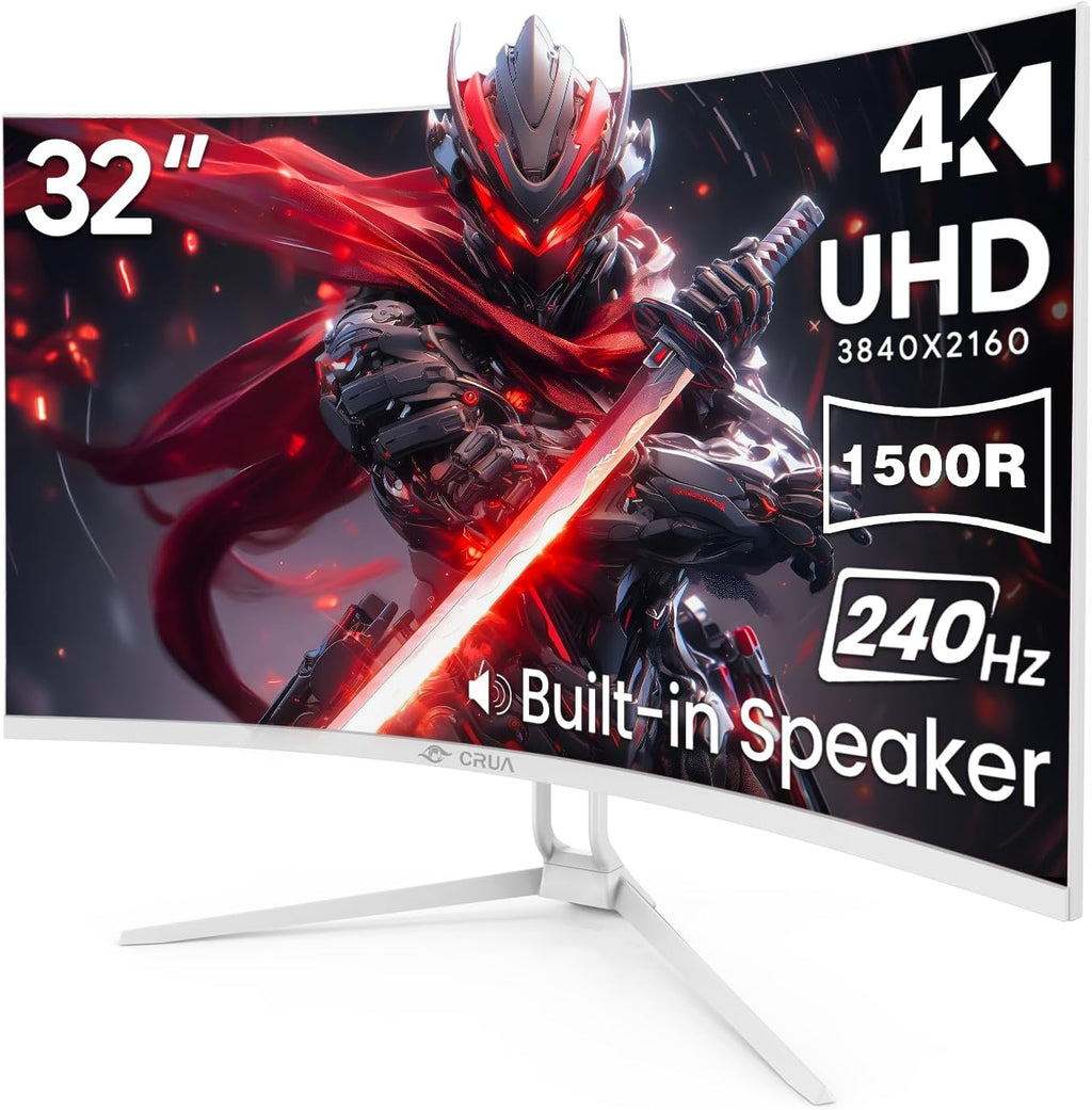 CRUA 32' Curved Gaming Monitor, 4K UHD 3840x2160, 240Hz VA Display, 1500R, AMD FreeSync, 120% sRGB, Built-in Speakers, HDMI 2.1 & DP 1.4, Wall Mountable White PC Monitor for Gaming, Streaming & Work
