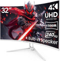 CRUA 32' Curved Gaming Monitor, 4K UHD 3840x2160, 240Hz VA Display, 1500R, AMD FreeSync, 120% sRGB, Built-in Speakers, HDMI 2.1 & DP 1.4, Wall Mountable White PC Monitor for Gaming, Streaming & Work