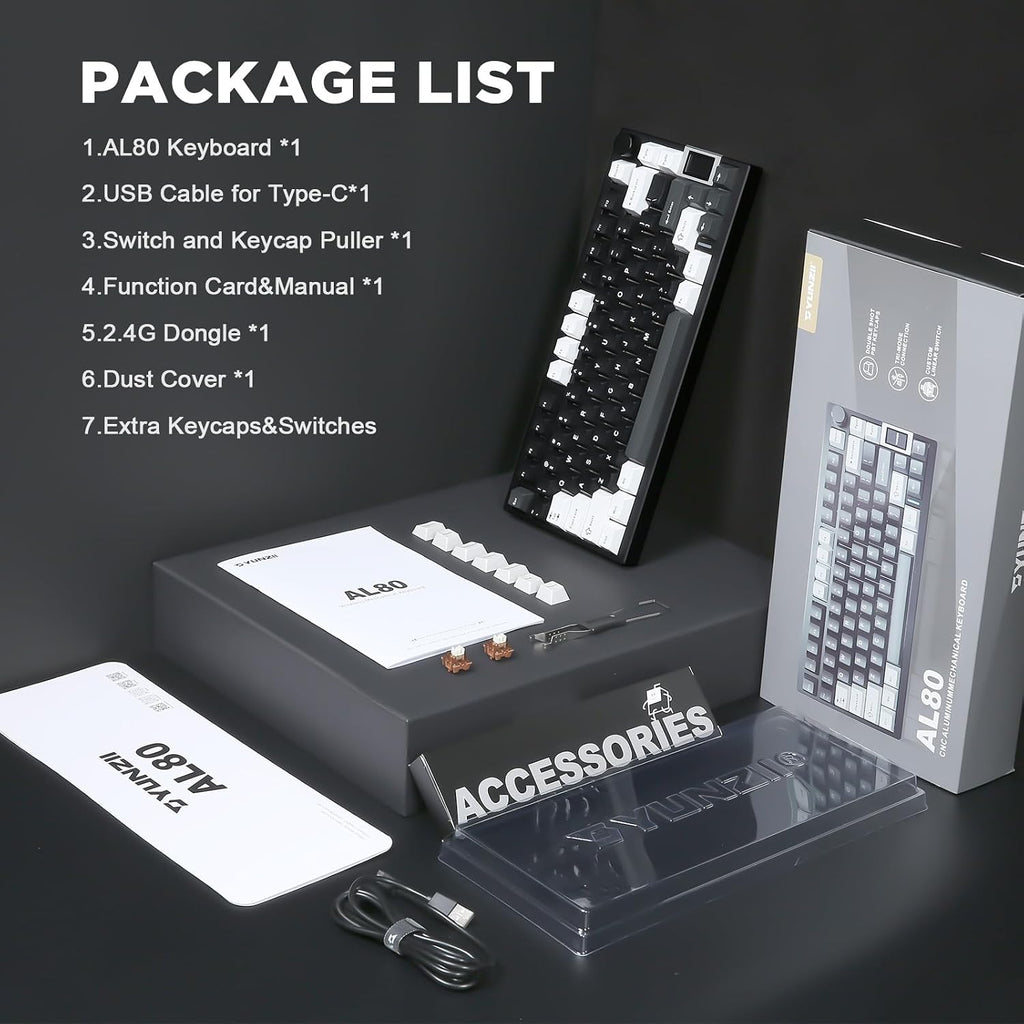 YUNZII AL80 Wireless Mechanical Keyboard,Full Aluminum CNC, Smart LCD Display,Hot Swappable Gasket Mount 75% Layout with Knob,BT/2.4G/USB-C,QMK/VIA Support for Win/Mac (Black, Cocoa Cream V2 Switch)
