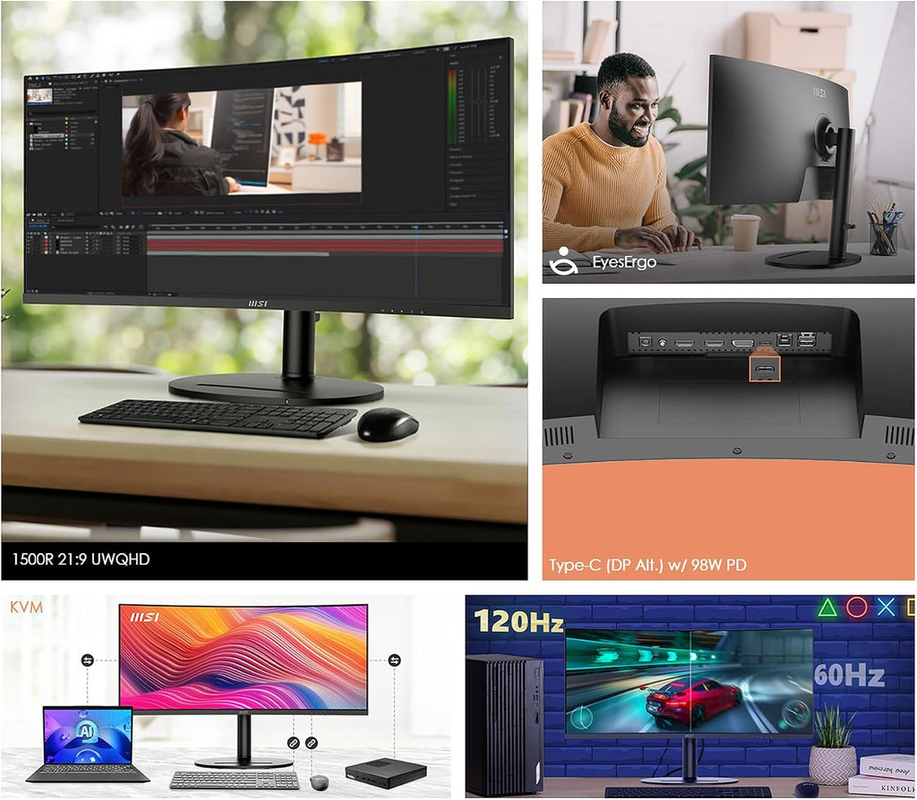 msi Modern MD342CQP 34 in VA 3440 x 1440(UWQHD) Computer Monitor, 120Hz, 1800 Curved, Adaptive-Sync, HDMI, DP, USBC 98W Power Delivery, KVM, Height Adjustable, VESA, Speaker, 1ms, Black