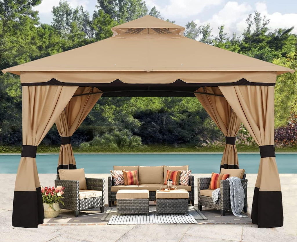 ABCCANOPY 10x12 Outdoor Gazebo, Double Roof Patio Gazebo with Shade Curtains, Beige