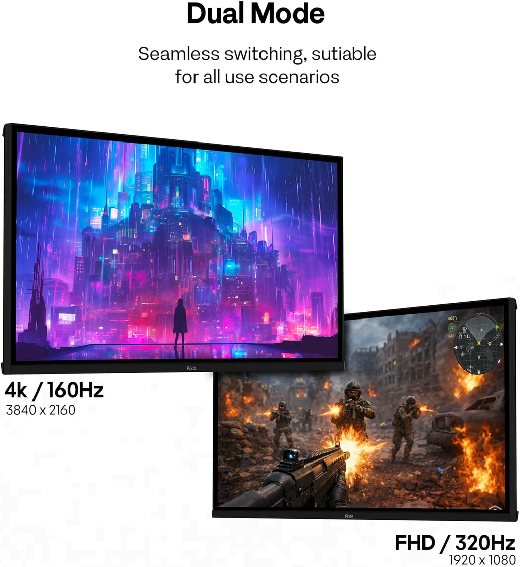 Pixio PX27U Prime Neo 27 inch Dual Mode UHD 4K 160Hz/FHD 1920x1080p 320Hz Fast IPS Panel 1ms GTG Response Time Gaming Monitor with Adaptive Sync HDR and Fully Adjustable Stand