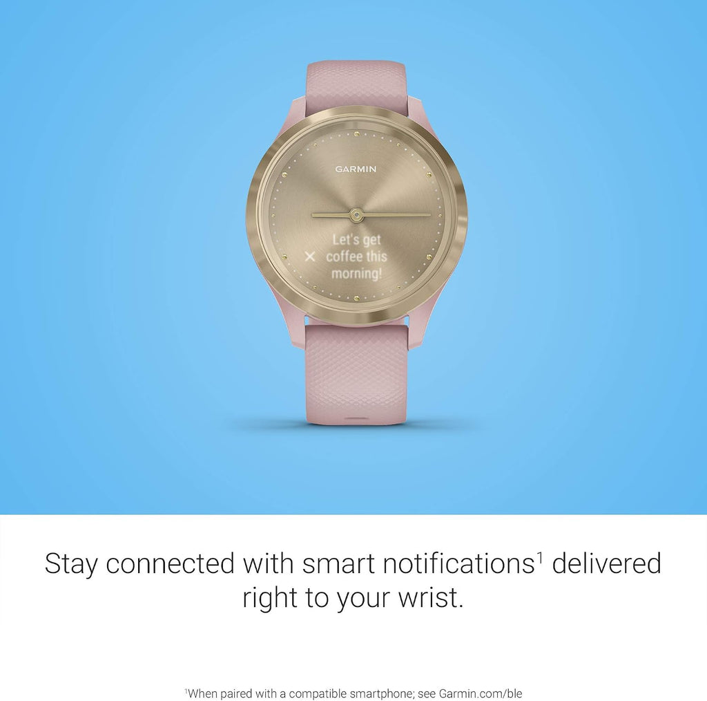 Garmin vivomove 3s, Smaller-Sized Hybrid Smartwatch with Real Watch Hands and Hidden Touchscreen Display, Light Gold with Rose Case and Band (Renewed)