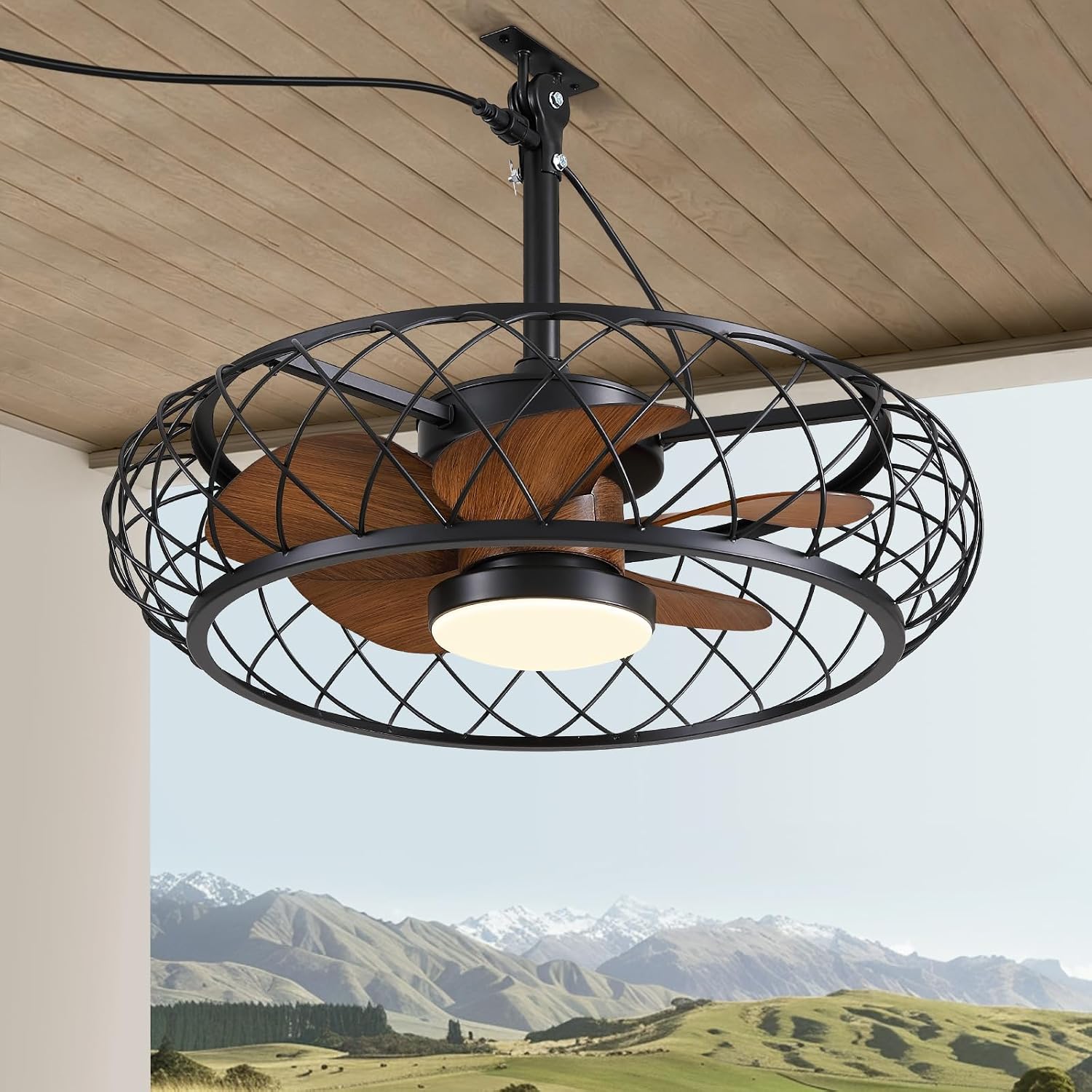 24' Outdoor Ceiling Fan with Lights Hanging Plug in Caged Outdoor Fan Remote APP Control 3CCT Dimmable, Quiet Reversible DC Motor Waterproof for Patio Pergola Porch Canopy Walnut