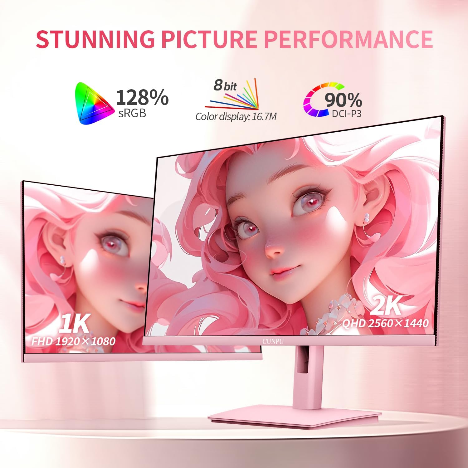 CUNPU 27 Inch Pastel Pink Gaming Monitor QHD 2560x1440 180/200Hz 1ms GTG Fast IPS Computer Monitor, 90% DCI-P3, Adaptive Sync, Built in Speaker, Height/Swivel/Tilt/Pivot Adjustable Stand, HDMI,DP