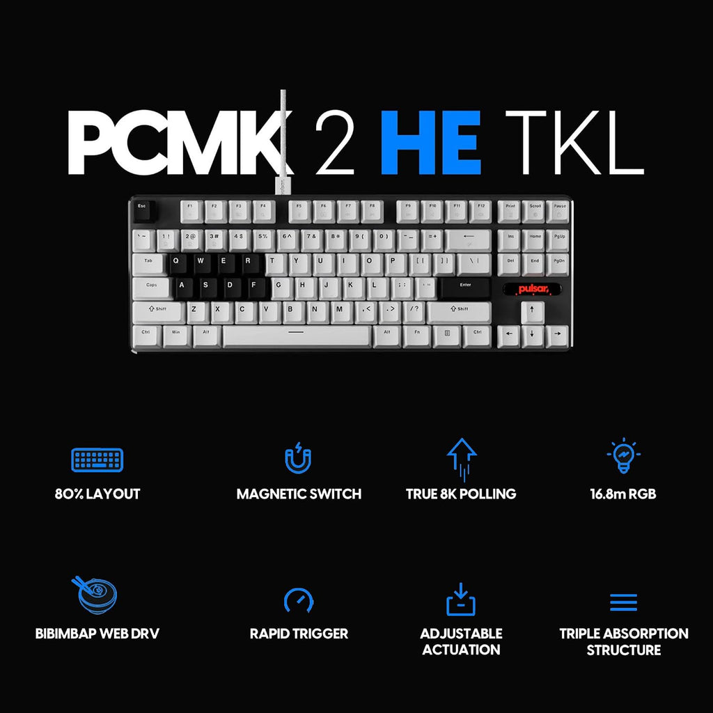 Pulsar PCMK 2 HE TKL Hall Effect Magnetic Gaming Keyboard, Rapid Trigger, Adjustable Actuation Magnetic Switch, 8k Polling, Ultra-Low Latency, RGB Lighting, Hot-Swap, Double Shot PBT Keycaps (White)