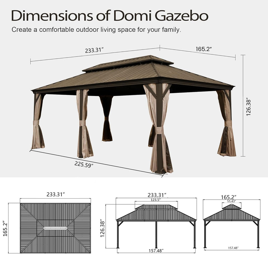 Domi 14x20FT Outdoor Gazebo, Hardtop Gazebo with Galvanized Steel Double Roof, Metal Gazebos with Drainage System for Patio Deck Backyard,Curtain and Netting,Brown