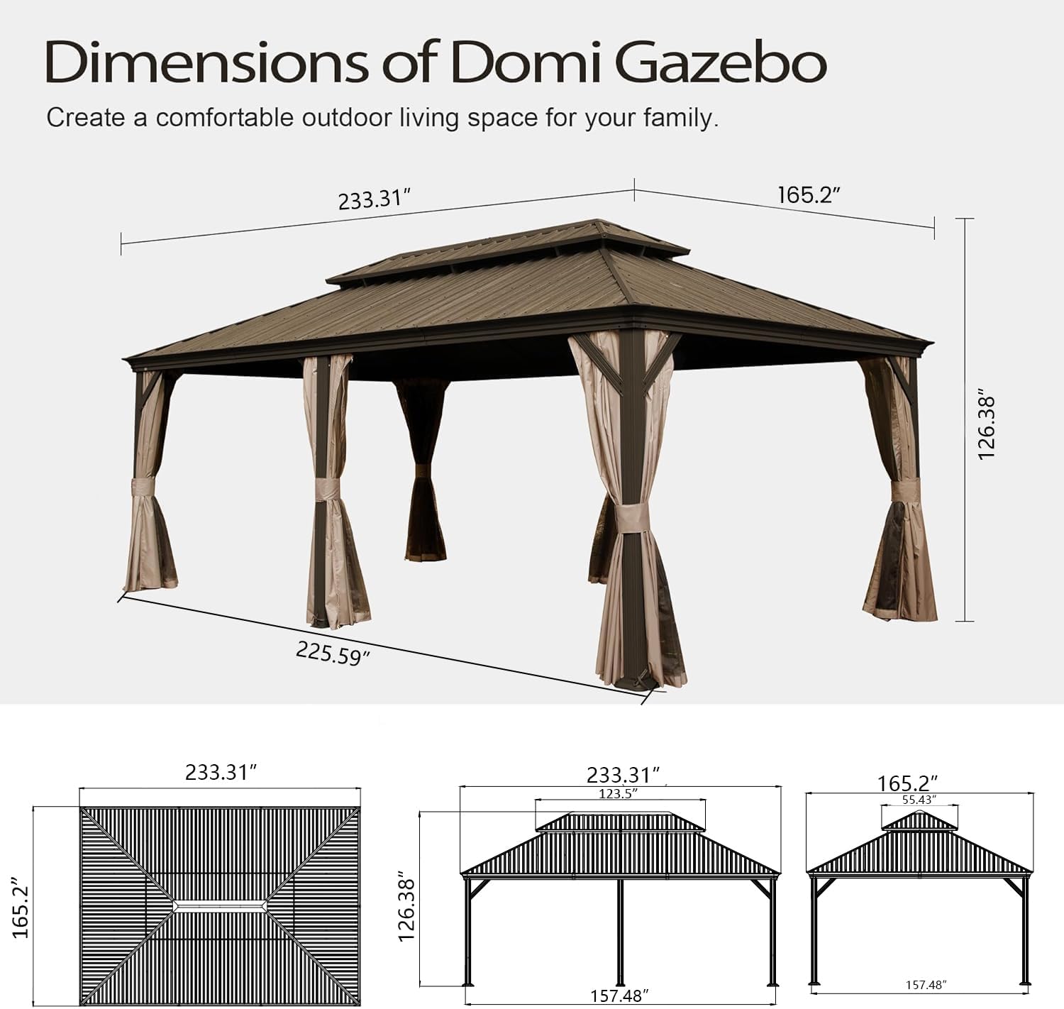 Domi 14x20FT Outdoor Gazebo, Hardtop Gazebo with Galvanized Steel Double Roof, Metal Gazebos with Drainage System for Patio Deck Backyard,Curtain and Netting,Brown