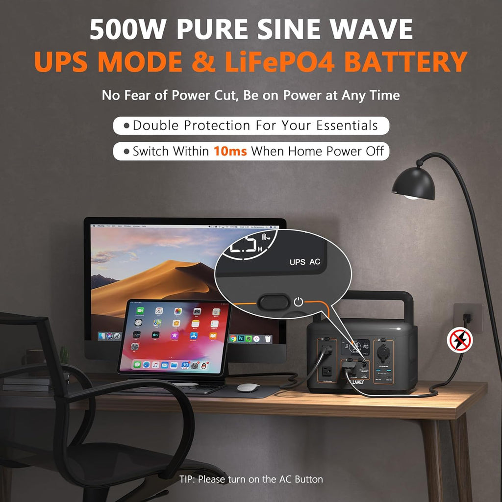 ALLWEI 500W Solar Generator with 100W Solar Panel, 512Wh LiFePO4 Portable Power Station with AC Outlets(1000W Surge), Battery Generator for RVs Outdoor Camping CPAP Home Backup Power Outage