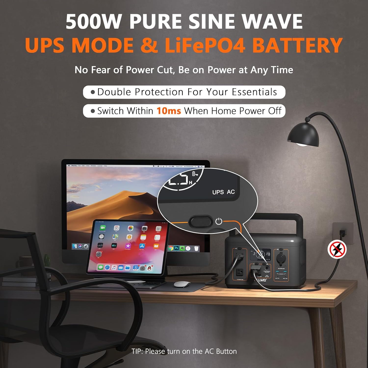 ALLWEI 500W Solar Generator with 100W Solar Panel, 512Wh LiFePO4 Portable Power Station with AC Outlets(1000W Surge), Battery Generator for RVs Outdoor Camping CPAP Home Backup Power Outage