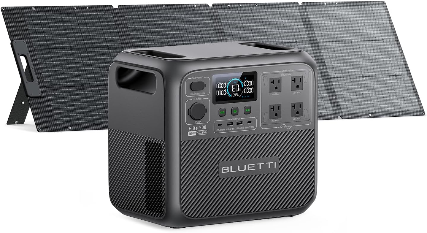 BLUETTI Solar Generator Elite 200 V2 with 200W Solar Panel Included, Portable Power Station 2073.6Wh w/ 4 2600W AC Outlets, 17-Year Lifespan LFP Emergency Power for Home Backup, Power Outages, Camping