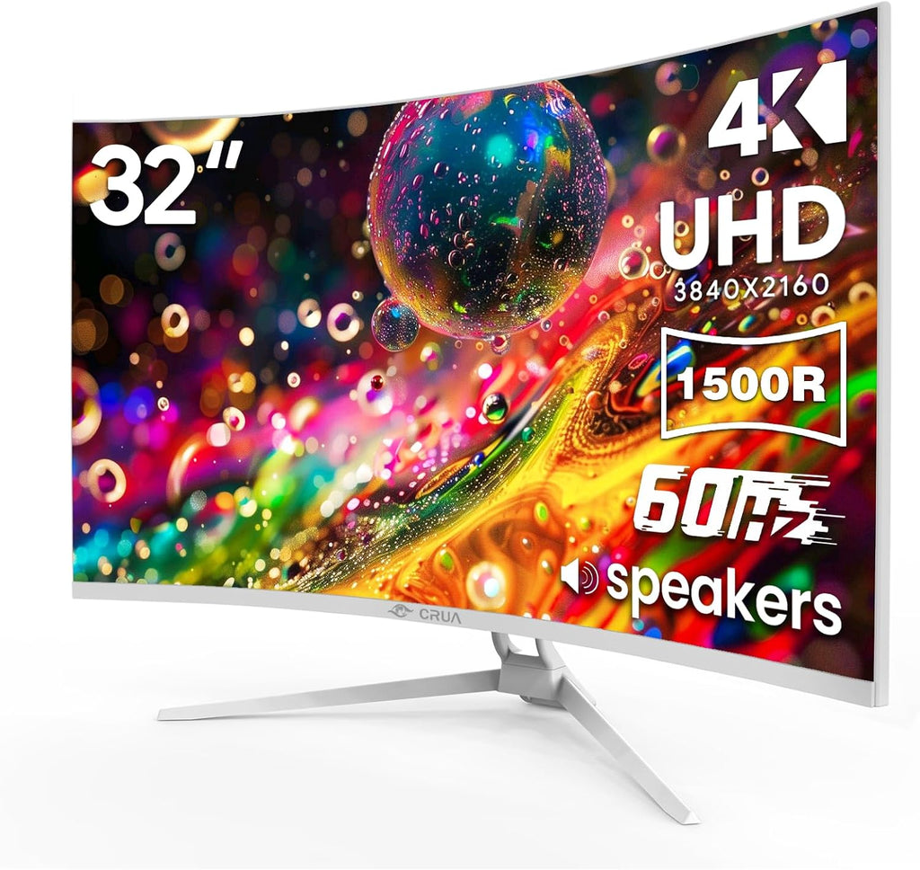 CRUA 32' White Curved Monitor, 4K UHD(3840*2160P) 1500R VA Screen, 60Hz Computer Monitor Supports AMD Freesync, 120% sRGB, Built-in speakers, Blue Light Filter,Wall Mountable Installs(HDMI 2.0/DP 1.4)