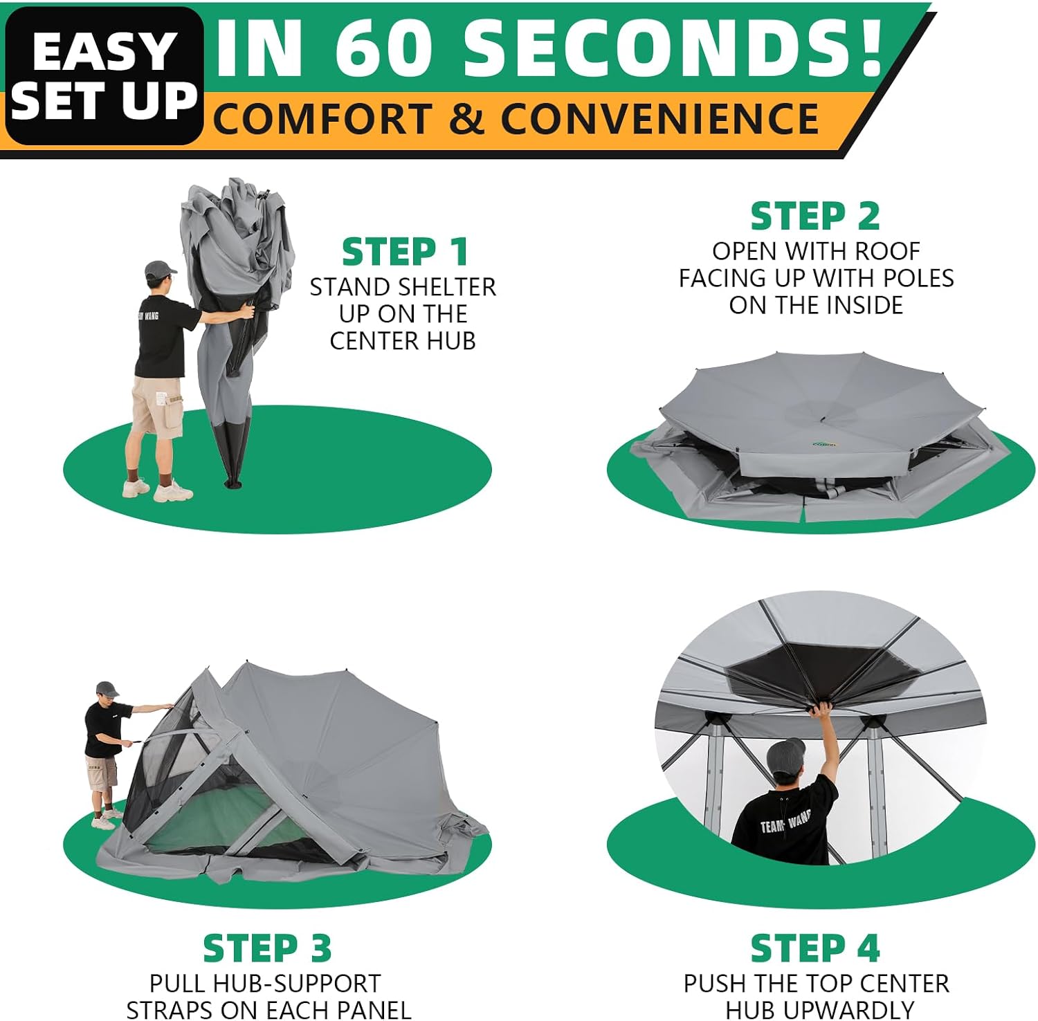COBIZI Pop Up Gazebo Screen Tent Screen House for Camping, 15x15 Screen Room with Mosquito Netting, Hub Tent Instant Screened Canopy with Carrying Bag and Ground Stakes, Gray