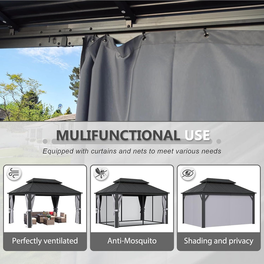 Aoxun 12' X 16' Hardtop Gazebo, Outdoor Pergolas with Mosquito Netting and Curtains, Galvanized Steel Double Roof Permanent Aluminum Gazebo, and LED Outdoor Waterproof Hanging Lights