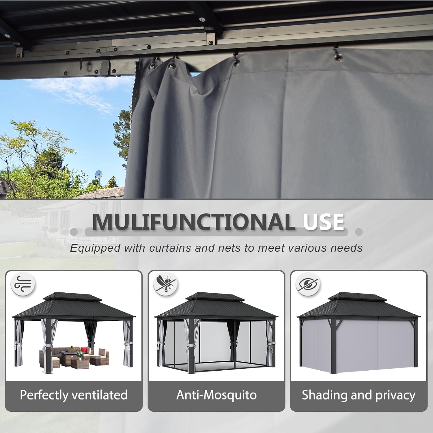 Aoxun 12' X 16' Hardtop Gazebo, Outdoor Pergolas with Mosquito Netting and Curtains, Galvanized Steel Double Roof Permanent Aluminum Gazebo, and LED Outdoor Waterproof Hanging Lights