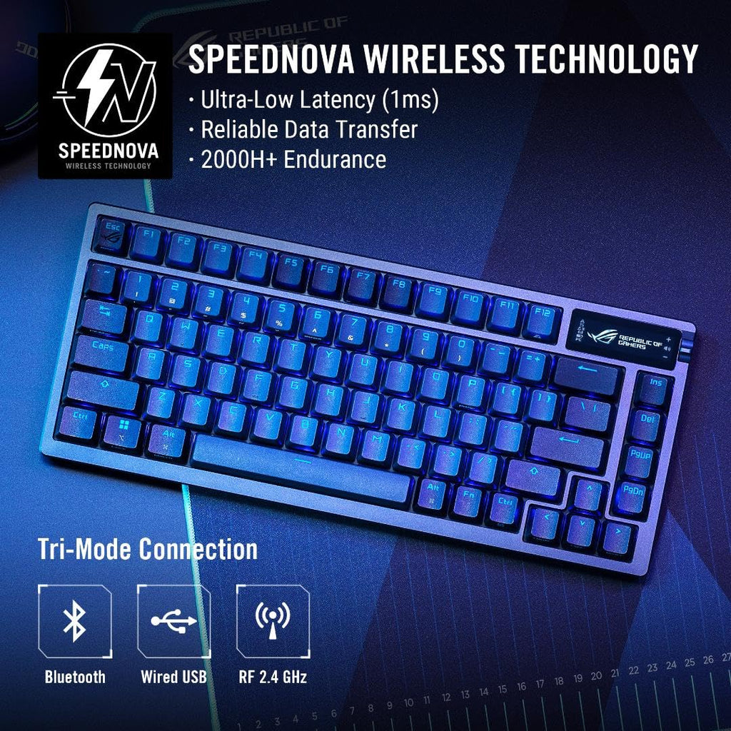 ASUS ROG Azoth Wireless Mechanical Gaming Keyboard – 75% TKL, Tri-Mode Connectivity, Hot Swappable Pre-lubed ROG NX Snow Linear Switches, PBT Keycaps, RGB, OLED Display, PC/Mac Support - Black
