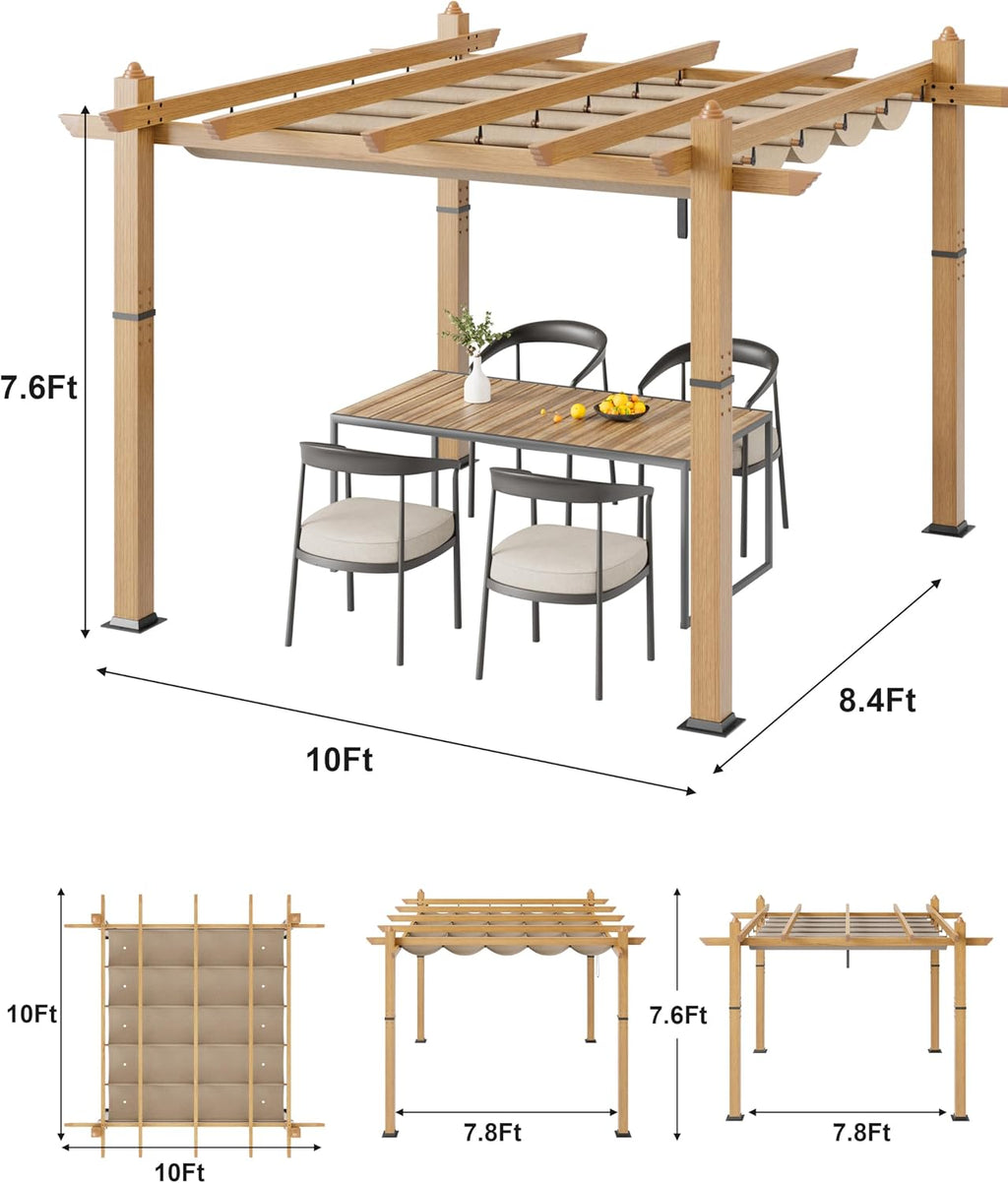 10x10 Ft Outdoor Patio Aluminum Pergola with Sun Shade Canopy, Upgraded Wood-Grain Post Retractable Pergola, Modern Metal Yard Grape Trellis Gazebo for Backyard, Patio, Porch, Khaki