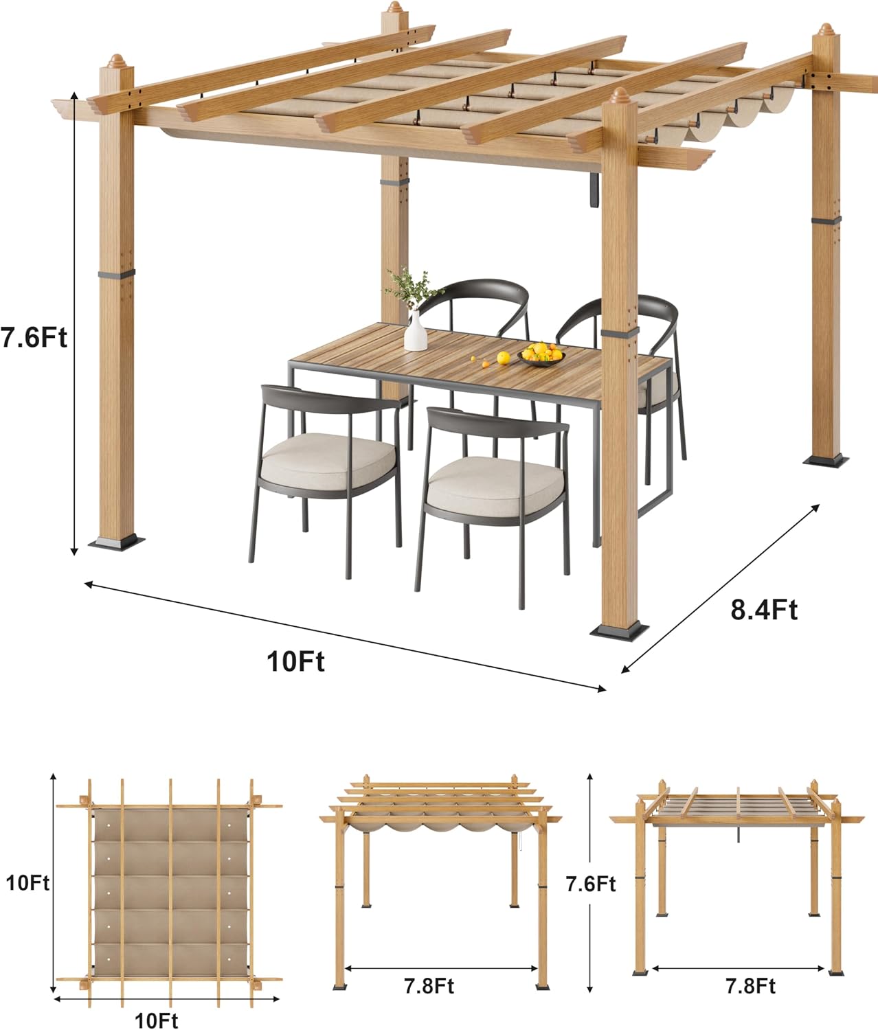 10x10 Ft Outdoor Patio Aluminum Pergola with Sun Shade Canopy, Upgraded Wood-Grain Post Retractable Pergola, Modern Metal Yard Grape Trellis Gazebo for Backyard, Patio, Porch, Khaki