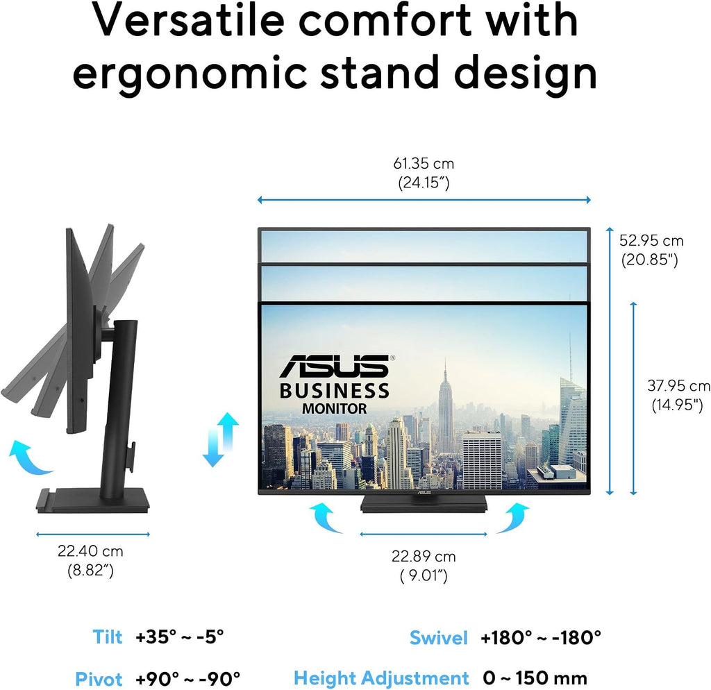 ASUS 27' 1440P Business Monitor (VA27AQSE) - IPS, QHD, 99% sRGB, Frameless, HDMI, DisplayPort, VGA, 1ms, Speakers, Low Blue Light, Flicker Free, Ergonomic Design, VESA Wall Mountable, 3 yr Warranty