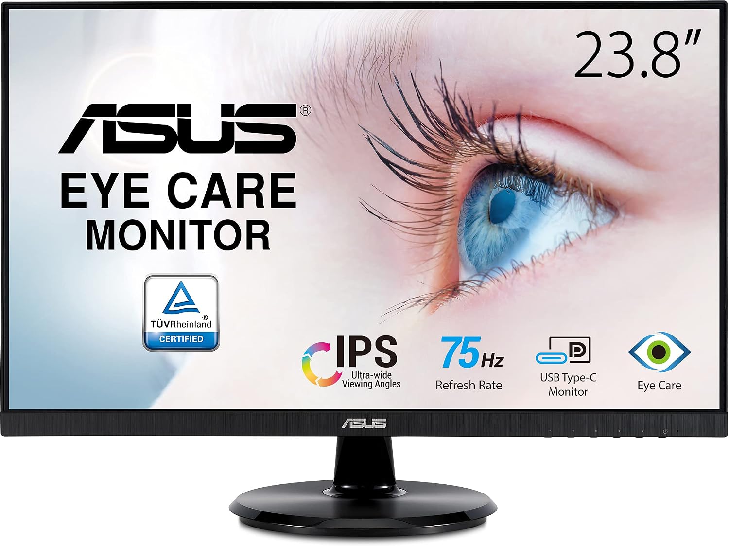 ASUS 23.8' 1080P Monitor (VA24DCP) - Full HD, IPS, 75Hz, USB-C 65W Power Delivery, Speakers, Adaptive-Sync/FreeSync, Low Blue Light, Flicker Free, VESA Mountable, Frameless, HDMI