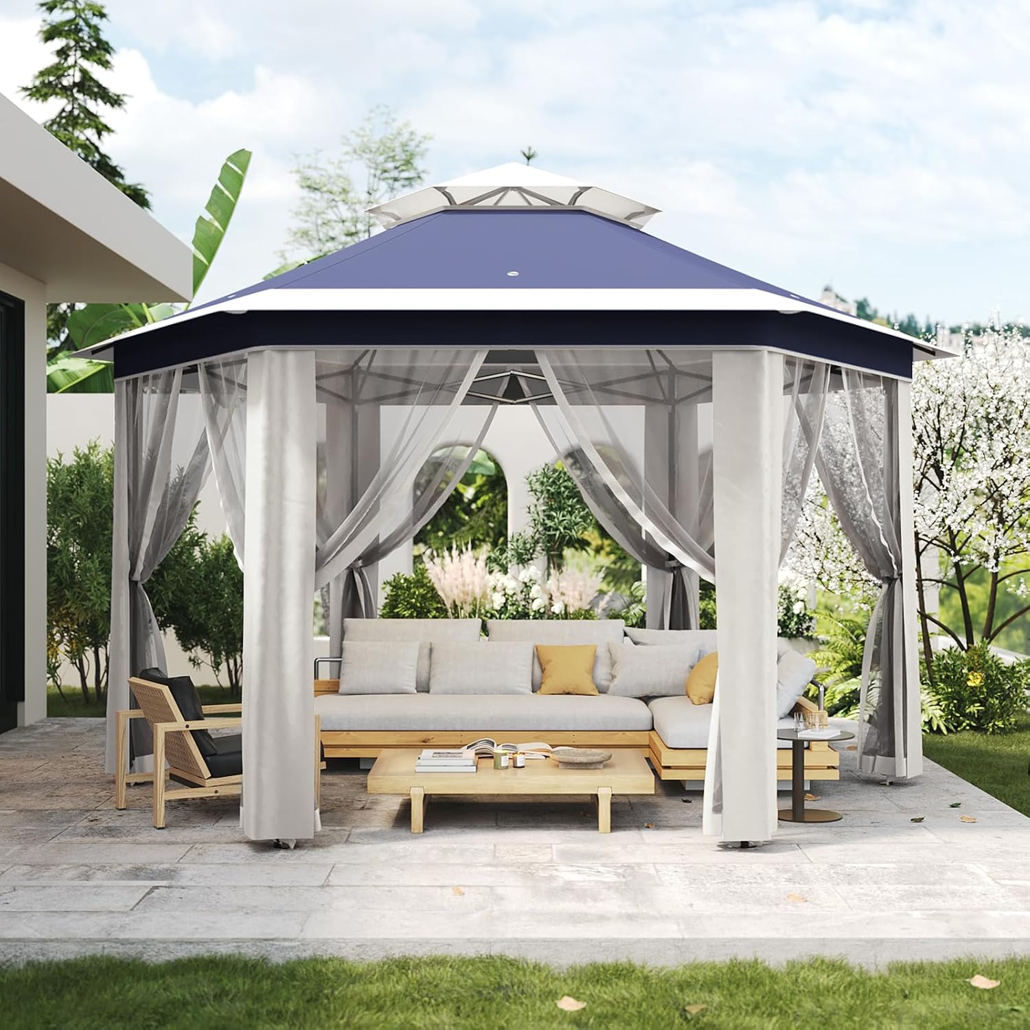 Pop-Up Gazebo 13 * 13 ft 6 Sided, Canopy Tent with Mesh Windows & Portable Carry Bag, Adjustable Tent Outdoor Pergola for Backyard & Patio Furniture (Blue)