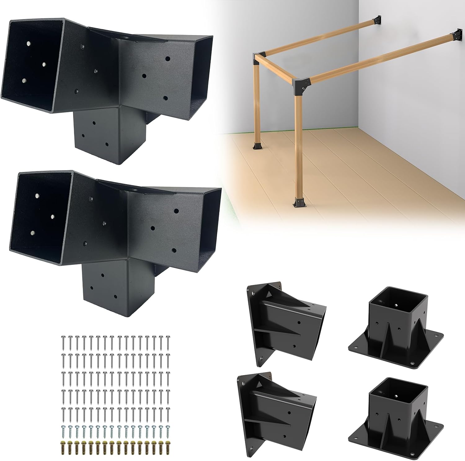 15° Angled Pergola Kit 4x4(Inner 3.64x3.64), 2PC 3-Way Slanted Pergola Roof Bracket, Post Base-Lean Corner Bracket Kit-DIY Gazebo Brackets-Hardware Kit for Outdoor Wood Beams Sunroom Carport Cabin