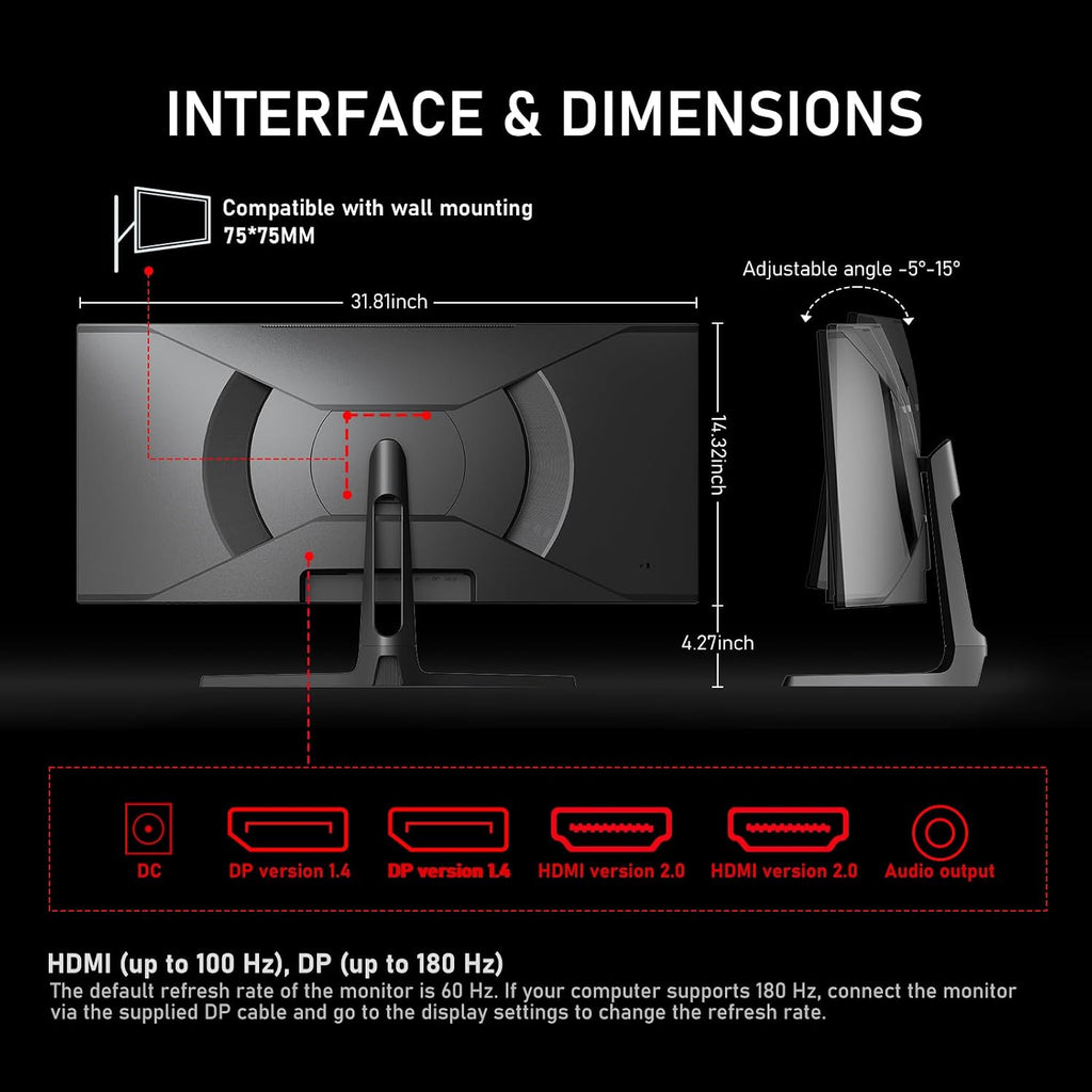 Gawfolk 34 Inch Ultrawide Curved 180Hz Gaming Computer Monitor,1500R PC Screen 21:9 UWQHD (3440x1440),120% sRGB,Adaptive Sync,178° Viewing Angle,Display Port、HDMI,Compatible with Wall mounting -Black