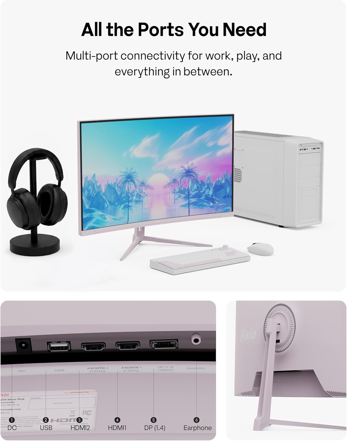 Pixio PXC278 Wave Pink 27 inch 180Hz Refresh Rate QHD 1440p Resolution 1650R Curved Fast VA Panel 1ms GTG Response Time Adaptive Sync HDR Curved Gaming Monitor