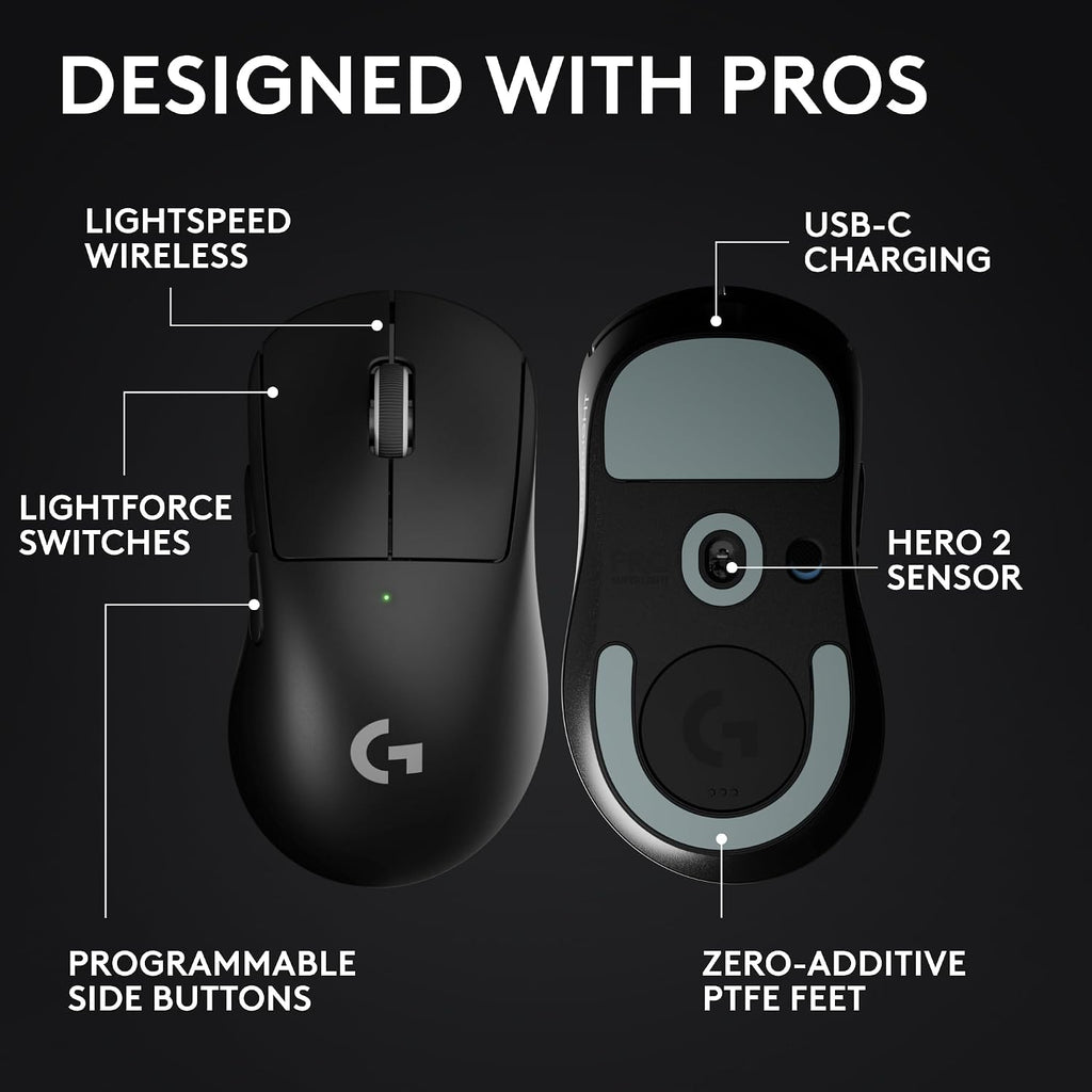 Logitech G PRO X Superlight 2 DEX Wireless Gaming Mouse, 60g pro-Grade Right-Handed Mouse with 5 programmable Buttons, USB-C Charging, 44k DPI Sensor, up to 8 kHz Polling for PC/Mac - Black (Renewed)