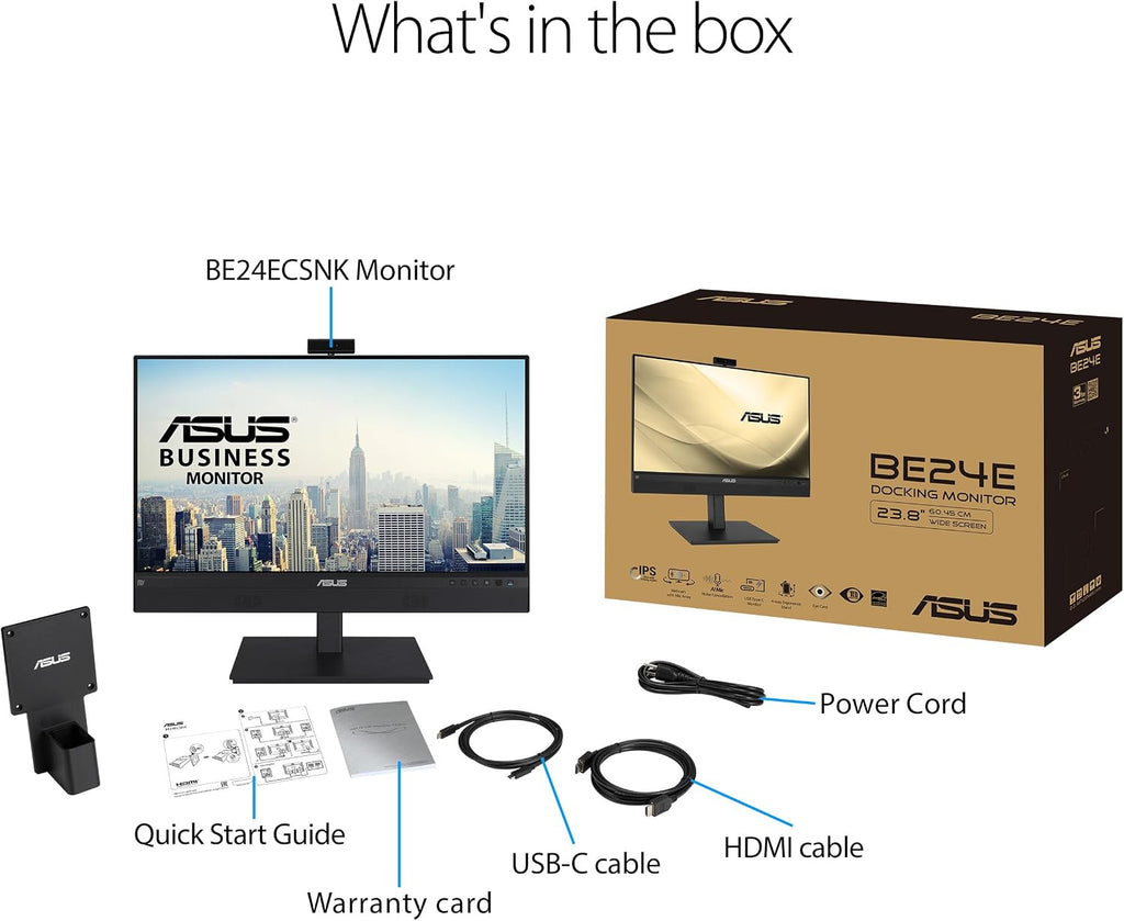 ASUS 24' 1080P Video Conferencing Monitor (BE24ECSNK) - Full HD, IPS, Built-in Adjustable 2MP Webcam, AI Noise-canceling Mic, Eye Care, USB-C Docking, RJ45, Height Adjustable, HDMI, Zoom Certified