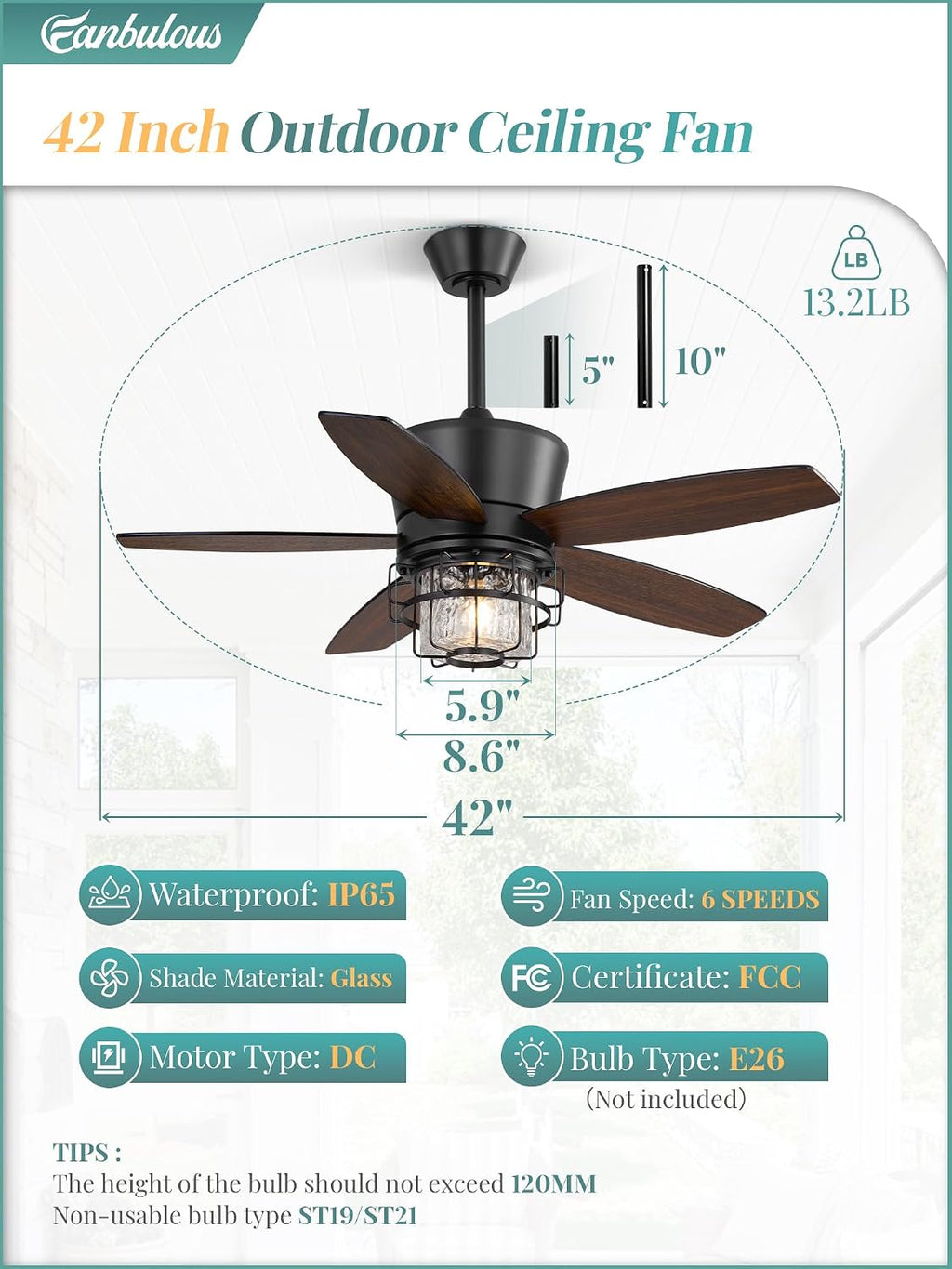 Fanbulous 42' Outdoor Ceiling Fans with Lights and Remote Control,IP65 Wet Rated Waterproof Ceiling Fan with 6-Speed DC Motor, Farmhouse Gazebo Fan for Porch Patios Pavilion（Black）