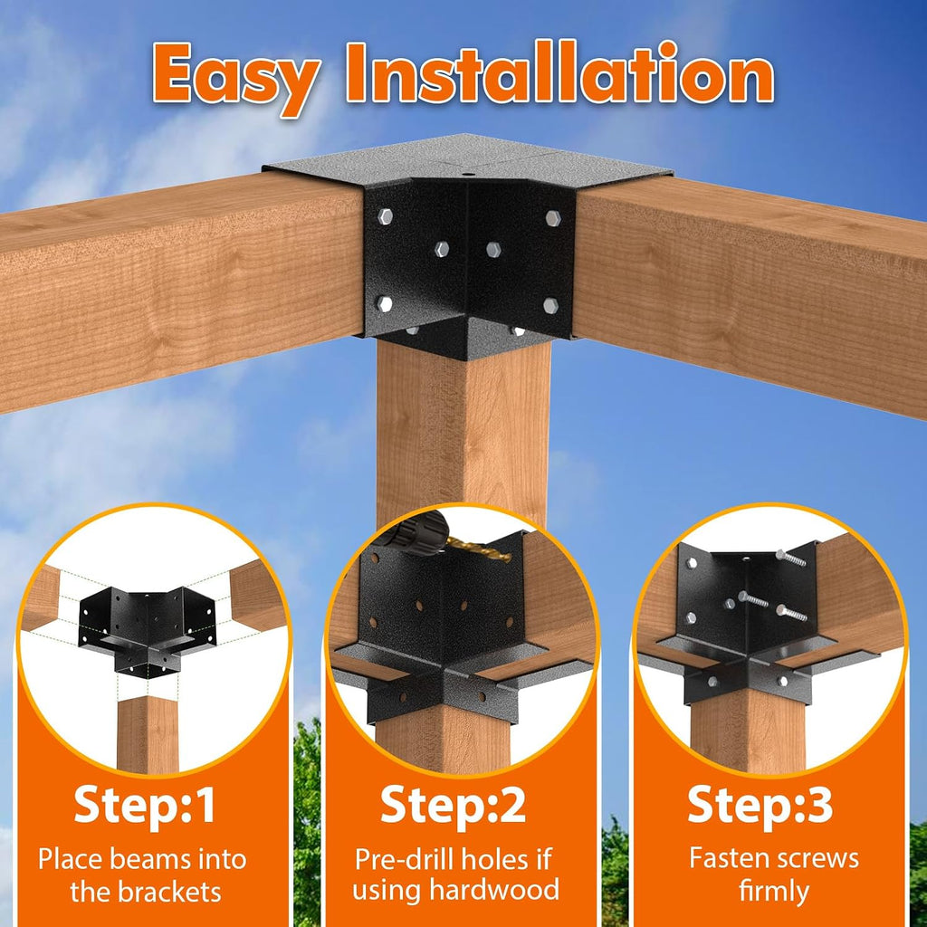 3-Way & 4-Way Pergola Brackets, 4'x4' Pergola Kit, Pergola Corner Bracket for Gazebos, Patio Pergolas, Log Cabin, Wooden Beams (6PCS)