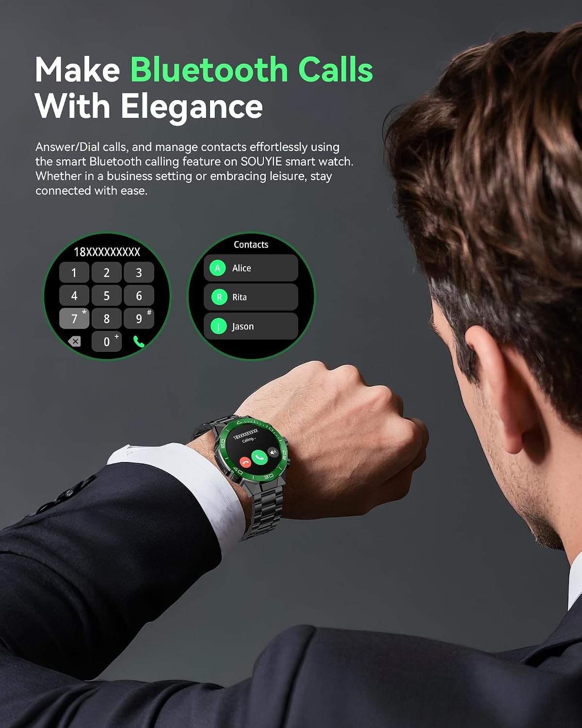 SOUYIE Men's Luxury Smart Watch - 1.43' AMOLED Display Smartwatch with HD Bluetooth Calling, 400mAh 30-Day Battery, 100+ Sports Modes, Health Monitor with Metal/Silicone Straps for Android iPhone