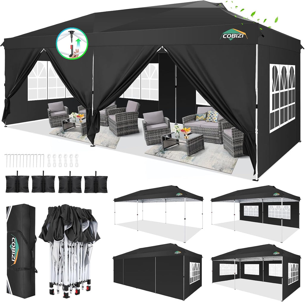 COBIZI 10x20 Pop Up Canopy Tent, One Push Easy Up Gazebo with 6 Removable Sidewalls & Air Vent, Waterproof UV50+ Commercial Canopy with 4 Sandbags, Stakes & Ropes for Parties/Wedding/Backyard, Black
