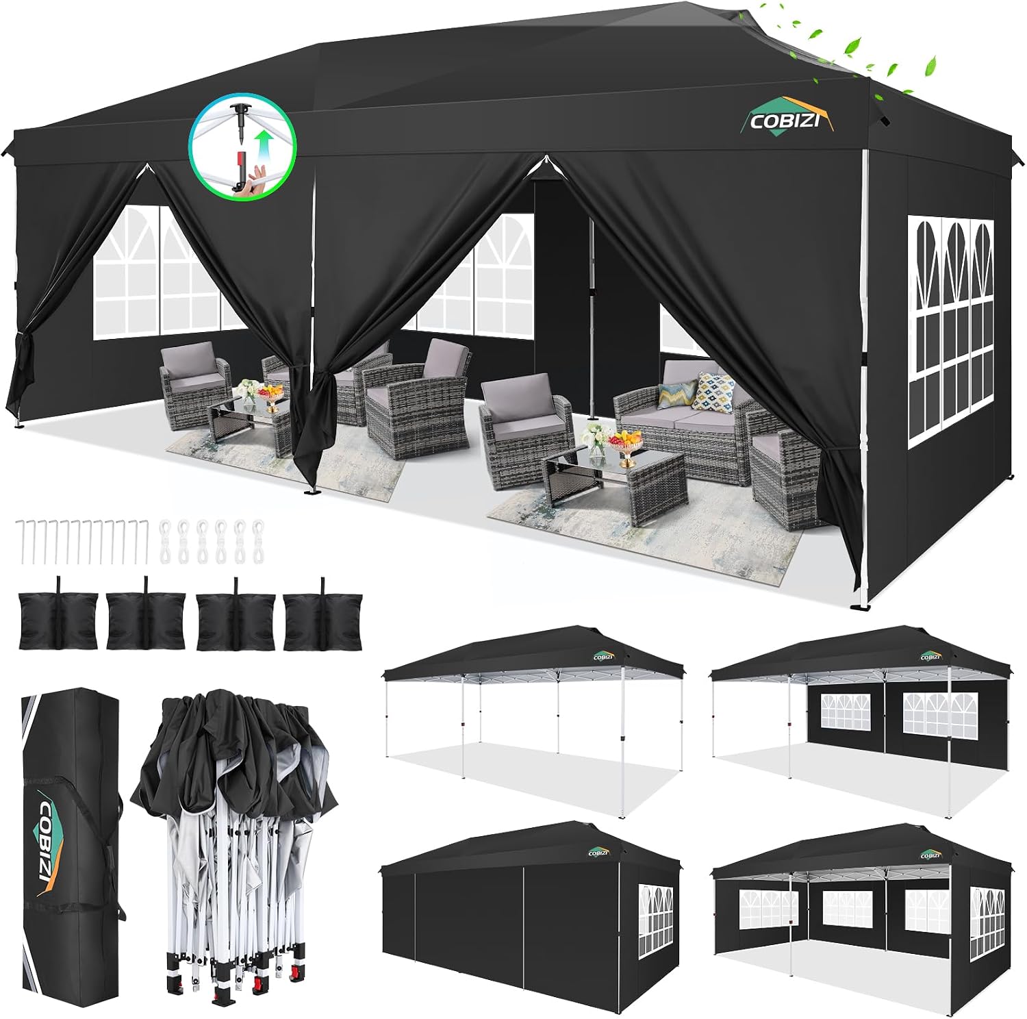 COBIZI 10x20 Pop Up Canopy Tent, One Push Easy Up Gazebo with 6 Removable Sidewalls & Air Vent, Waterproof UV50+ Commercial Canopy with 4 Sandbags, Stakes & Ropes for Parties/Wedding/Backyard, Black