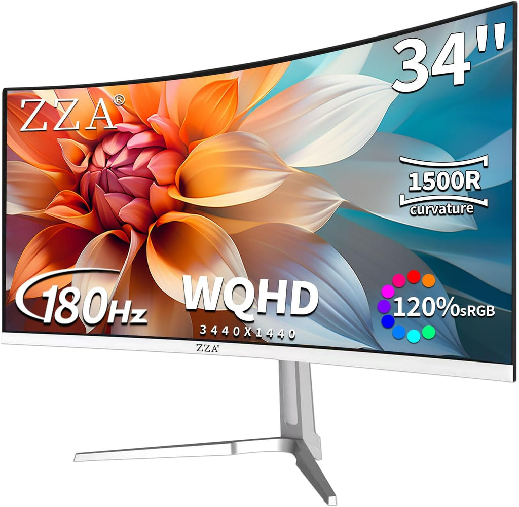 ZZA 34'' Gaming Monitor-165Hz/180Hz WQHD (3440x1440P) Ultrawide 34 White Curved Monitor,FreeSync for Tear-Free Gaming,120% sRGB, HDMI 2.1 & DP 1.4,PBP Mode,Wall Mountable