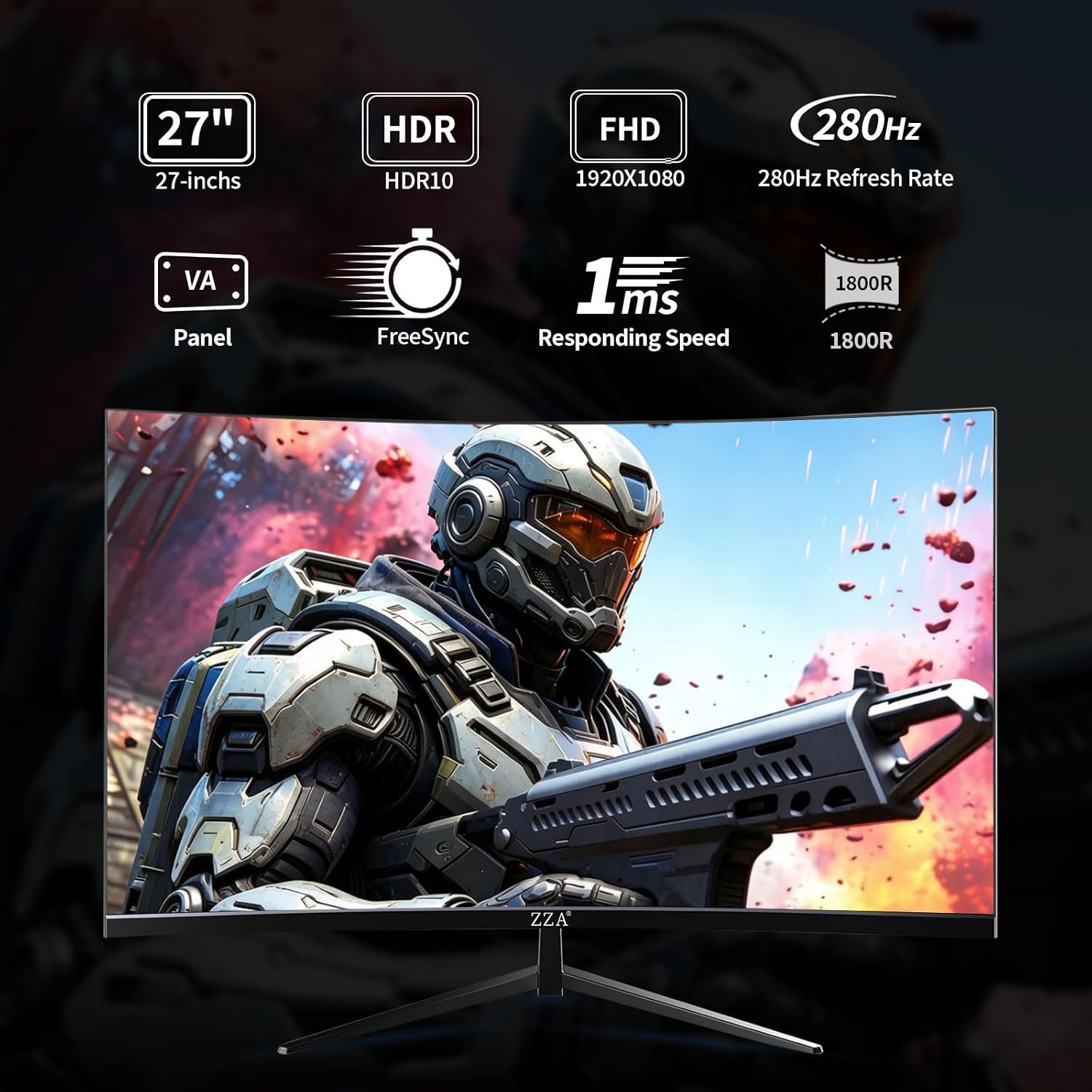 ZZA 27 Inch Curved Gaming Monitor 280Hz, FHD 1080P, 1ms, AMD FreeSync Premium, 100% sRGB, VESA Mountable, Eye Care Computer Monitor for Home Office