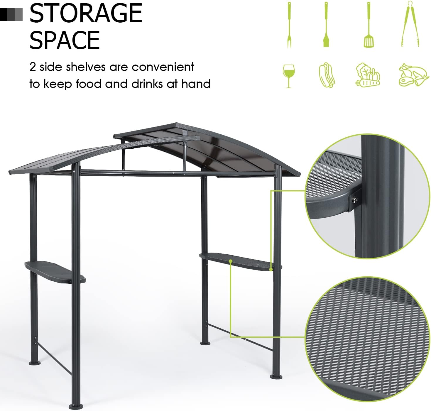 Aoodor 8 x 5 ft. BBQ Grill Gazebo Shelter, Dark Gray Steel Frame and Brown Double-Tier Polycarbonate Top Canopy, with Side Shelves, for Outdoor, Patio, Backyard