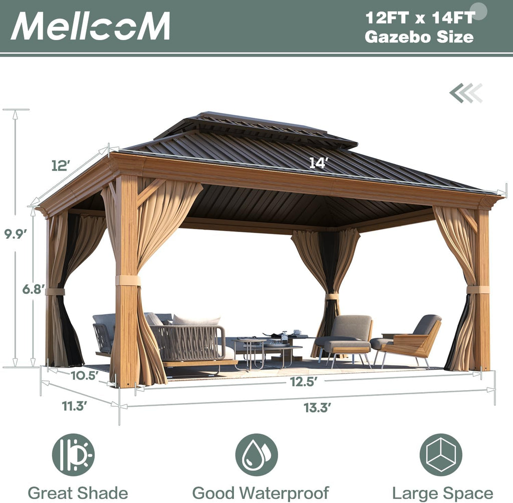 MELLCOM 12' x 14' Hardtop Gazebo, Wooden Finish Coated Aluminum Frame Gazebo with Galvanized Steel Double Roof, Outdoor Permanent Metal Pavilion with Curtains and Nettings for Patio, Lawn & Garden