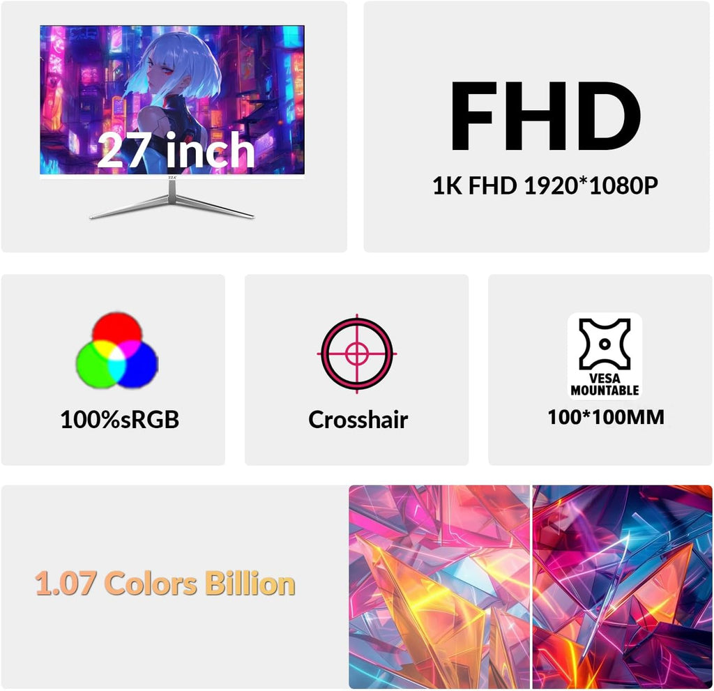 ZZA 27 inch White Gaming Monitor,240-300Hz Curved Monitor,Full HD 1080P Computer Monitor,Eye-Care Display with HDMI,DP,FreeSync,Wall Mountable for Office and Home