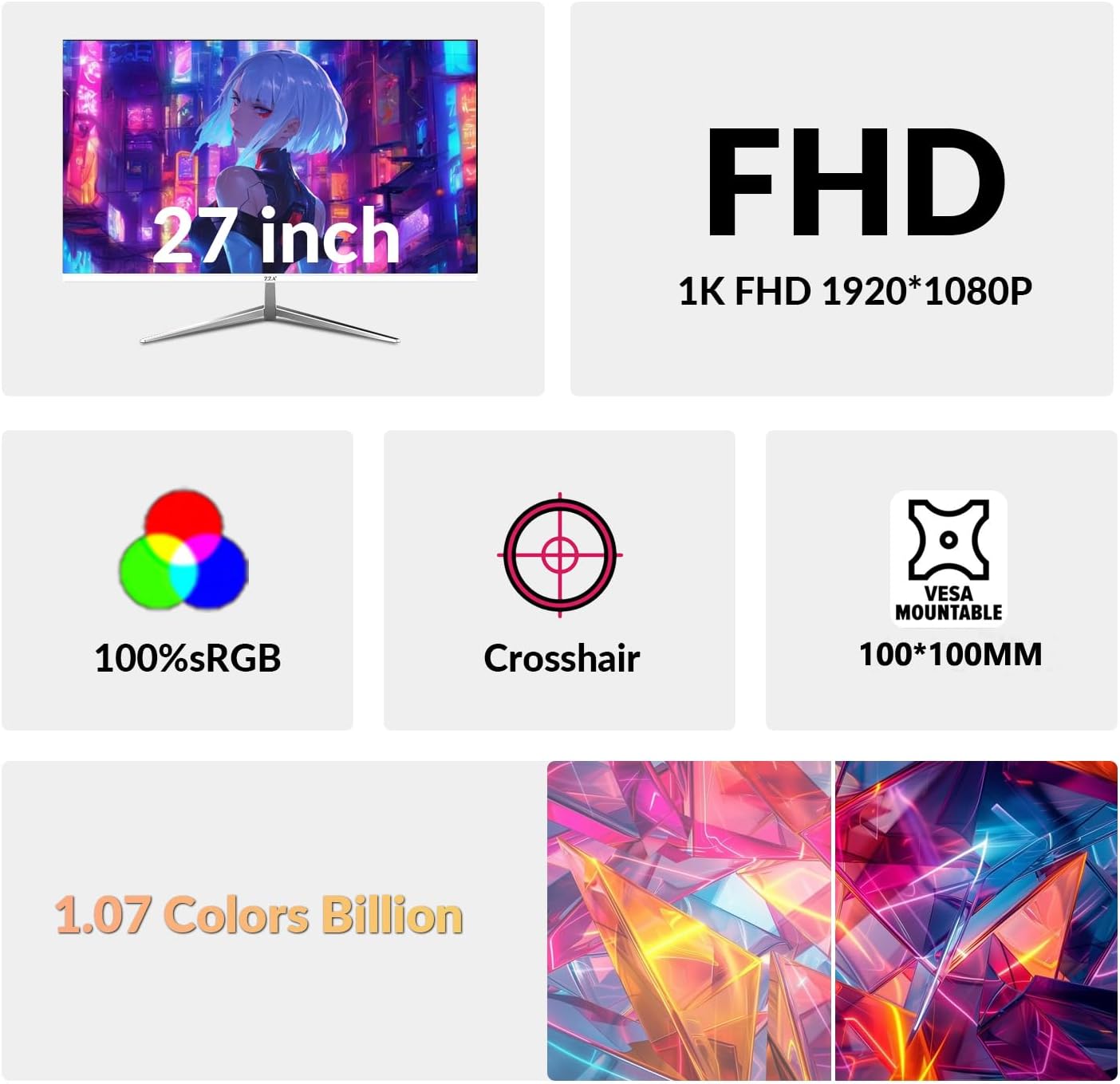 ZZA 27 inch White Gaming Monitor,240-300Hz Curved Monitor,Full HD 1080P Computer Monitor,Eye-Care Display with HDMI,DP,FreeSync,Wall Mountable for Office and Home