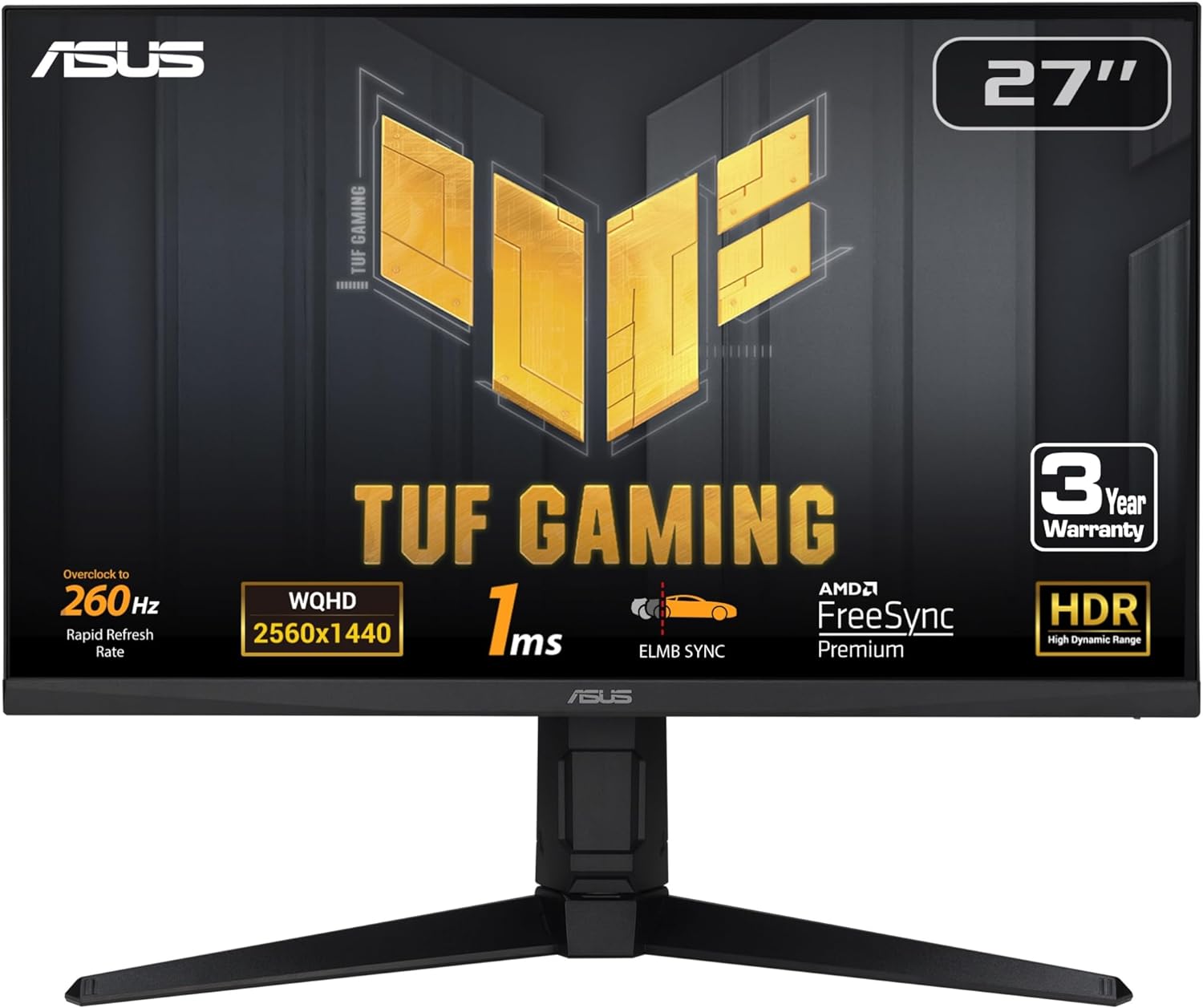 ASUS TUF Gaming 27' 1440P Gaming Monitor (VG27AQML1A) - QHD (2560 x 1440), 260Hz, 1ms, Fast IPS, Extreme Low Motion Blur Sync, G-SYNC Compatible, Freesync Premium, Variable Overdrive, DisplayHDR™ 40