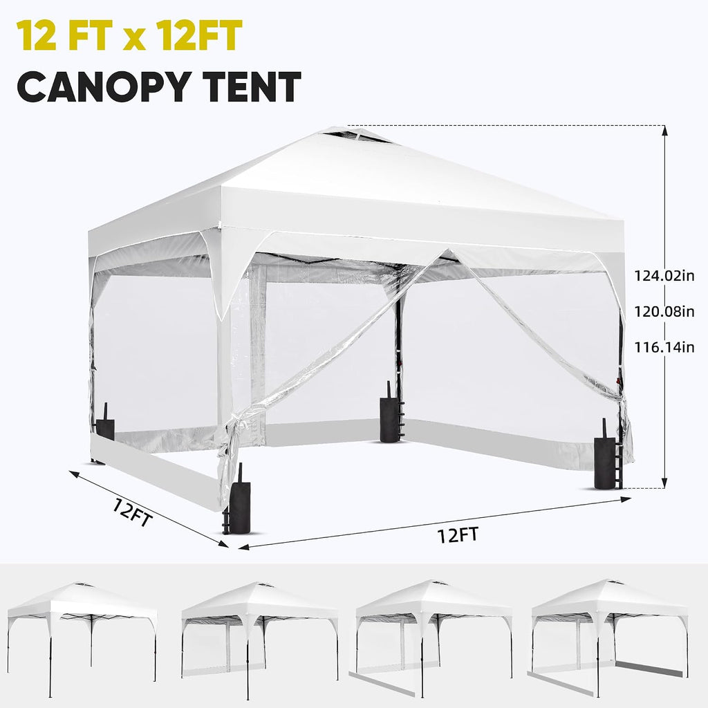 12x12 Pop Up Canopy Tent with One Push Setup, Outdoor Sun Shade Canopy for Backyard Party, Easy Up Instant Shelter with 4 PVC Transparent Sidewalls, 4-Sandbags & Wheel Bag, White.