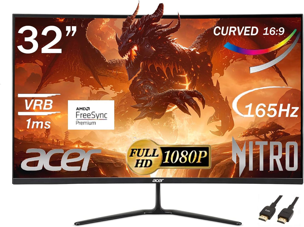 acer Nitro 32' Curved Gaming Monitor | FHD 1920 x 1080p | AMD FreeSync |165Hz Refresh Rate | Up to 1ms | 250 Nit Brightness | Anti-Glare Widescreen, with 5ave HDMI Cable