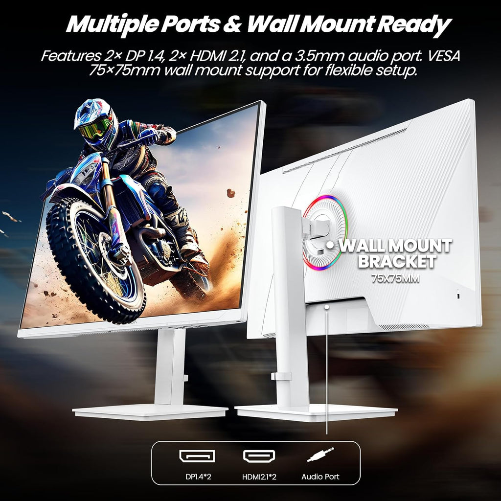 CRUA 27' Gaming Monitor, 144Hz 4K UHD(3840*2160P) IPS Screen, Supports Height/Pivot/Rotating/Tilt Adjustable Vertical Monitor, AMD Freesync, 120% sRGB, Built-in Speakers, Wall Mountable Installs-White