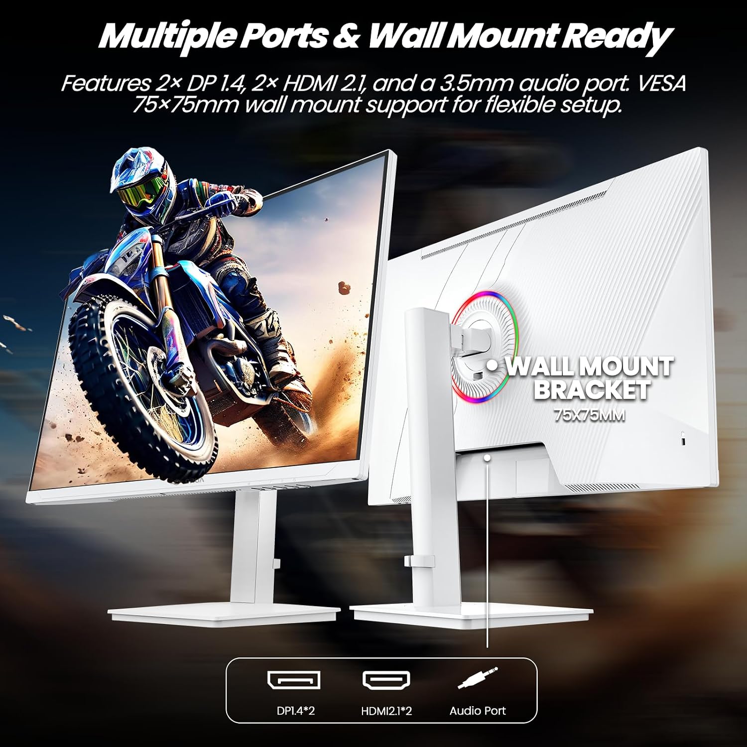 CRUA 27' Gaming Monitor, 144Hz 4K UHD(3840*2160P) IPS Screen, Supports Height/Pivot/Rotating/Tilt Adjustable Vertical Monitor, AMD Freesync, 120% sRGB, Built-in Speakers, Wall Mountable Installs-White